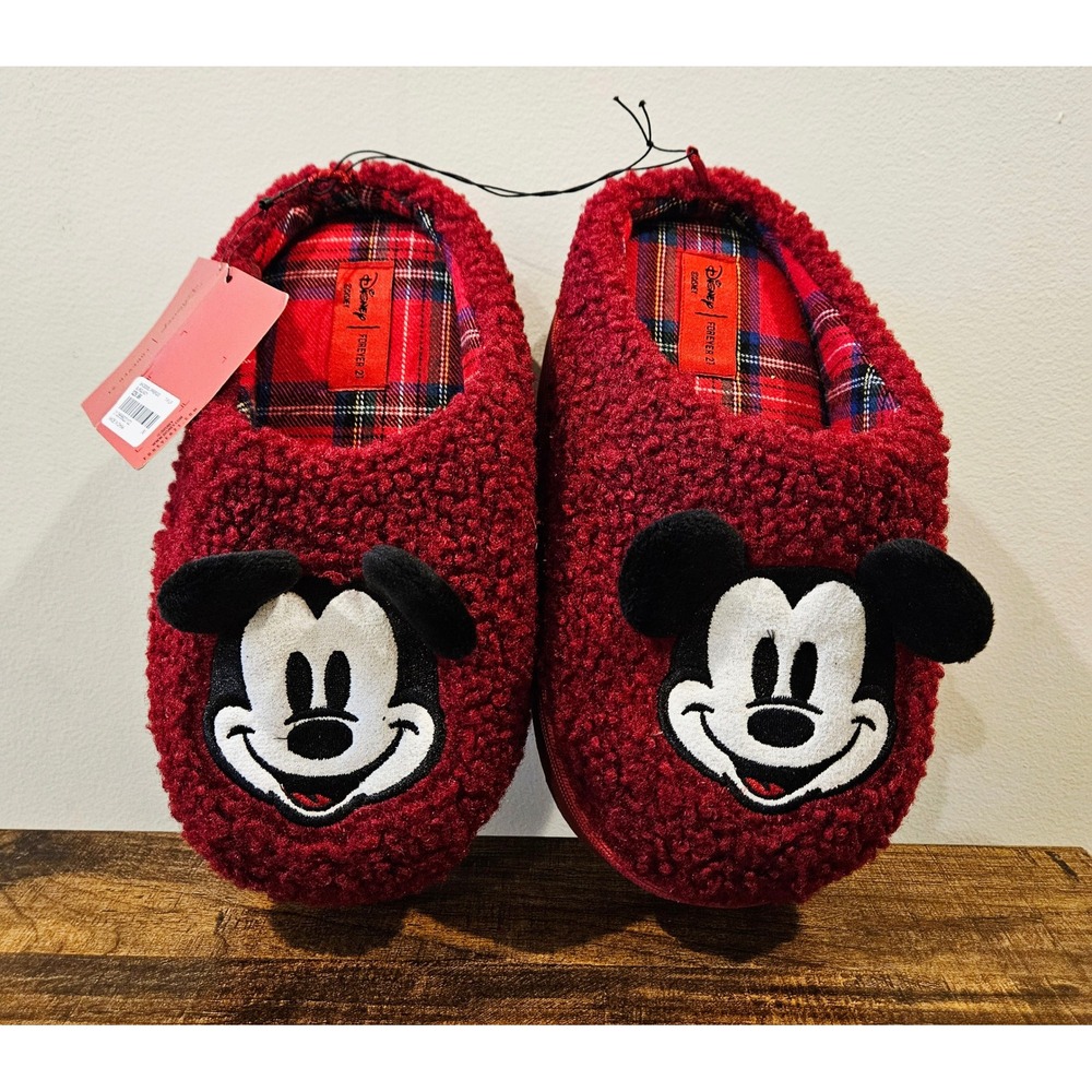 Disney Forever 21 Mickey Mouse Burgundy Sherpa Platform Slippers Red Plaid Small